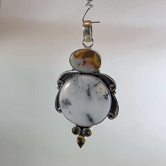 Handmade Pendant with Dendritic Opal & Agate Accents – Silver Natural Stone - Picture 2 of 10
